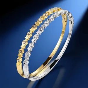 Bracelet Jonc en Acier Inoxydable Mode pour Femmes Étoile Cœur Fleur Chiffres Romains Strass Incrusté Or Argent Plaqué Bijoux Cadeau