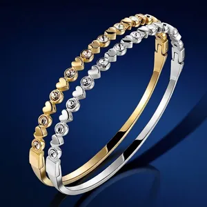 Bracelet Jonc en Acier Inoxydable Strass Cœur Étoile pour Femme Plaqué Or 18K Chiffres Romains Boucle Jonc Bijoux de Mode Cadeau