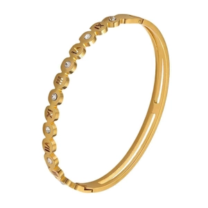 Gold plated titanium steel bangle with Roman numerals and cubic zirconia inlay