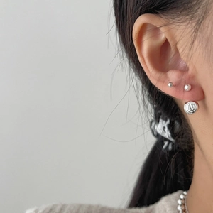 925 sterling silver round stud earrings featuring a letter M relief pendant for women