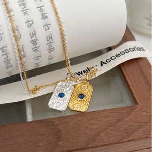 Minimalist sun god and evil eye rectangle pendant necklace with blue stone inlay