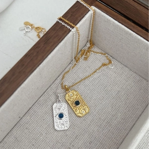 Bohemian sun god and evil eye pendant necklaces in gold and silver finish with blue stones
