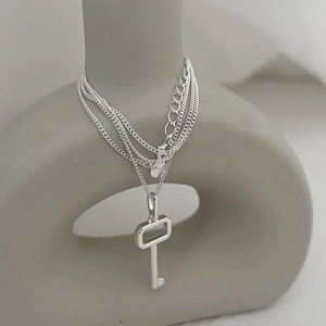 Minimalist S925 sterling silver multilayer necklace featuring a geometric key pendant