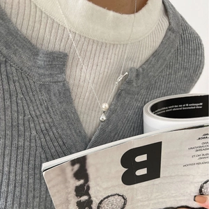 S925 silver long sweater necklace featuring minimalist pearl and water drop pendant style