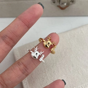 925 Sterling Silver Reindeer Antler Open Ring Cute Christmas Bell Pendant Adjustable Gold Silver Finger Ring For Women Gift