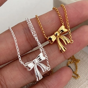 925 Sterling Silver Ribbon Bow Pendant Necklace For Women Elegant Minimalist Double Layer Clavicle Chain Jewelry Gold Silver