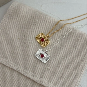 925 silver rectangular sunburst compass pendant necklace with red gemstone in gold and silver