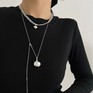 Collier double rang en argent S925 avec perles de lune et pendentif coeur
