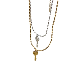 Collier double rang en argent 925 avec chaînes à billes et pendentifs clé cœur gravés LOVE
