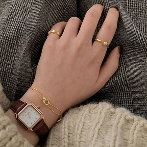 Minimalist 925 silver beaded open ring set with vintage brown leather octagonal watch