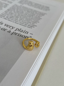 Detailed close-up of a golden cat-shaped sterling silver ring on a vintage book page