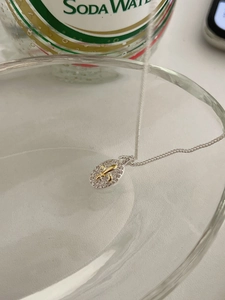 Macro shot of oval fleur-de-lis necklace pendant with zircon pavé on a glass bowl edge