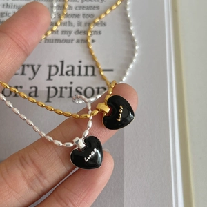 925 Sterling Silver Black Enamel Heart Pendant Necklace Lucky Letter Minimalist Korean Style Bead Chain Jewelry For Women