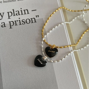 Minimalist S925 sterling silver heart necklaces with black enamel and Lucky engraving