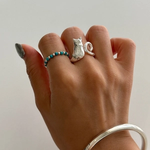 925 silver cat ring set with turquoise beaded ring and sleek silver bracelet