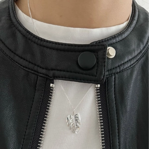 Collier en argent sterling S925 avec pendentif feuille de monstera et zircon femme