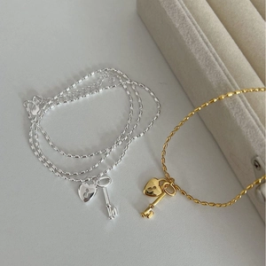 925 silver heart lock and key charm necklace in gold and silver bead chain styles