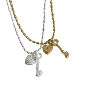 Minimalist 925 sterling silver heart lock and key pendant necklace set in gold and silver