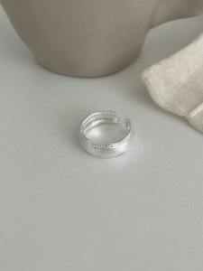 Dettaglio macro di anello in argento S925 spazzolato con bordi micro-perlati e fascia aperta