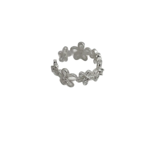Minimalist S925 sterling silver floral ring with adjustable open design in white background