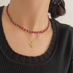 Elegant S925 silver double-layer necklace with iris flower pendant and colorful beads