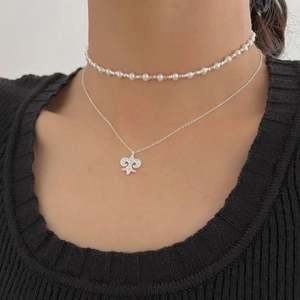Elegant S925 sterling silver iris flower necklace set with small white pearls