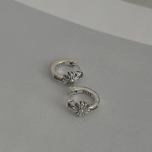 Vintage 925 sterling silver hoop earrings with gothic floral cross relief patterns