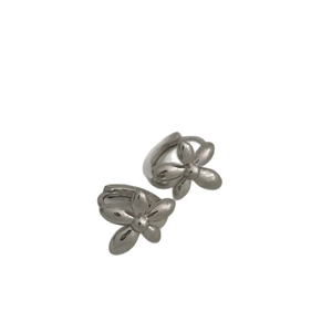 Vintage small silver flower hoop earrings with polished five-petal metal floral design