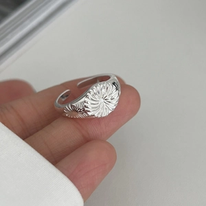 925 Sterling Silver Sunray Engraved Adjustable Ring For Women Vintage Ins Style Sunburst Signet Open Ring Jewelry Gift