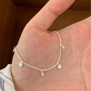 925 Sterling Silver Double Layer Heart Bracelet For Women With Rhinestone Geometric Link Chain Minimalist Fashion Jewelry