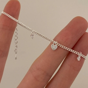 S925 sterling silver double-bead chain bracelet with a pavé heart lock charm and zircon accents
