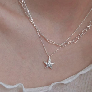925 Sterling Silver Starfish Pendant Necklace Minimalist Double Layer Zirconia Star Necklace For Women Daily Gift Jewelry