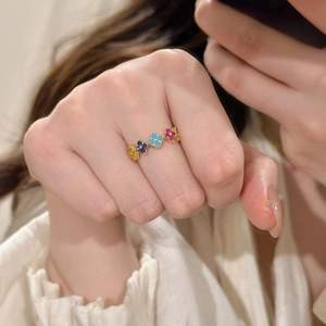 Elegant gold flower ring featuring blue and pink crystals on an S925 silver band