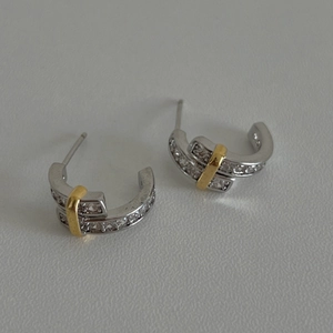 925 Sterling Silver Pave Rhinestone C-Shaped Stud Earrings For Women Two Tone Gold Silver Inlaid Minimalist Fashion Jewelry
