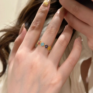 Rainbow Four-Leaf Clover S925 Silver Ring with colorful flower petals on a gold band