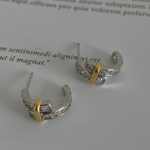 925 Sterling Silver C-shaped earrings with gold accents and sparkling cubic zirconia stones