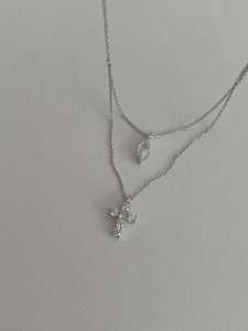 Detailed view of S925 silver double layer necklace with cross and marquise drop charm