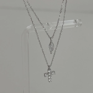 S925 Sterling Silver Double Layer Cross Marquise Rhinestone Pendant Necklace For Women Light Luxury Ins Style Clavicle Chain Jewelry
