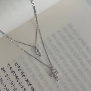 S925 silver double layer necklace with cross pendant and marquise cut water drop crystal