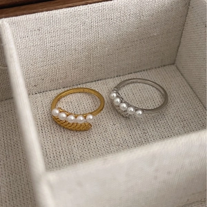 Anello in argento S925 con perle stile vintage francese e motivo a spiga di grano oro e argento