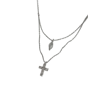 Elegant S925 sterling silver double layer necklace with marquise zircon and cross pendant