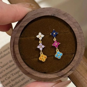 Boucles d'Oreilles Longues en Argent Sterling 925 Trèfle de la Chance Style Dopamine Multicolore Strass Bijoux pour Femme