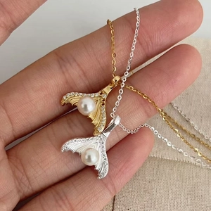 S925 sterling silver fishtail pendant necklace with white pearl and sparkling zircons