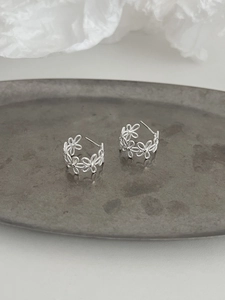 Detail of S925 silver lace flower stud earrings with intricate openwork and rope texture