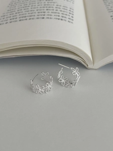 Detailed view of S925 silver hollow flower lace earrings on a minimalist book background