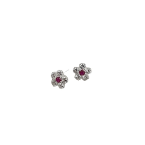 Elegant floral stud earrings with sparkling crystals and red gemstone center