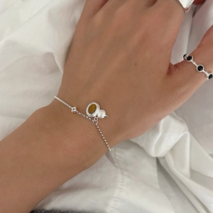 S925 silver tiger eye gourd bracelet with vintage feline charm for a layered retro look