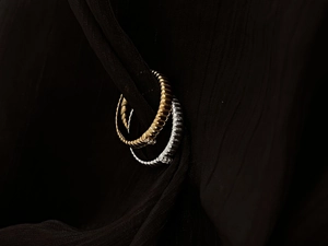 Macro shot of silver and gold textured rings with micro-inlaid zircon on black fabric