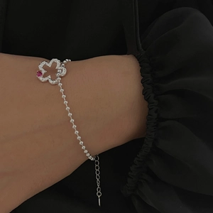 Braccialetto a Quadrifoglio e Cuore in Argento Sterling S925 per Donna Catena a Sfere con Zirconia Regolabile Gioielli