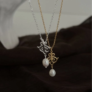 Vintage hollow patterned S925 silver pearl necklace set in gold and silver tones